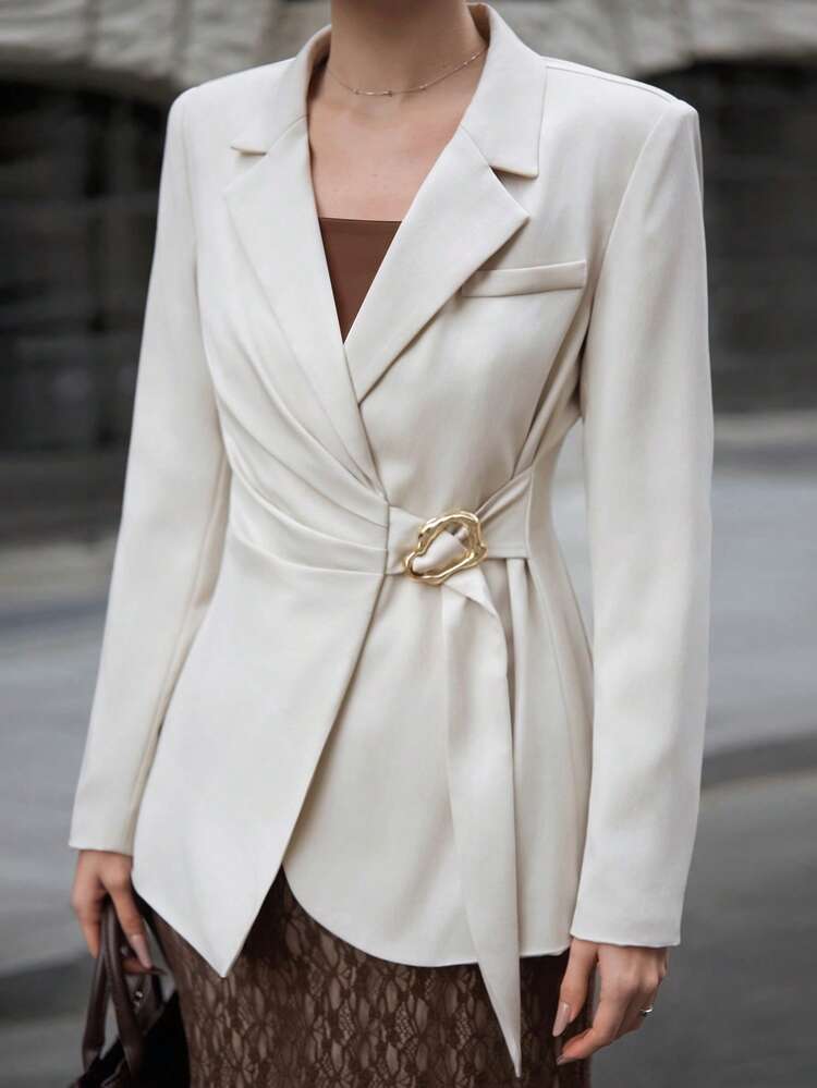 Women's Lapel Collar Long Sleeve Minimalist Coat, Office Wear, Independence Day, Teacher's, Holiday Attire, Christmas, Valentine's Day, Wedding, Holiday Attire, Casual, Elegant, Urban Chic, Fashionable Elegant Commuter Solid Color Wrap Coat, Fashionable