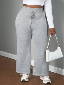 SHEIN PETITE CURVE 大码休闲低腰抽绳弹力运动裤喇叭裤保暖内衬复合绒面料运动裤，适合秋冬季穿着 - 灰色 - 查看 5