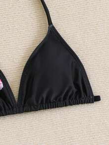 SHEIN 少女三件套比基尼，黑色碎花挂脖三角上衣、三角泳裤、纱笼，时尚优雅泳装，适合游泳、度假、夏季穿着 - 黑色 - 查看 3