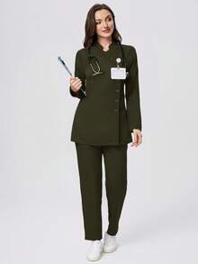 Scrubzie 两件套防皱翻领长袖女式工作服套装（上衣和裤子） - 軍綠色 - 查看 3