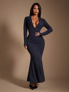 Radiana 女士优雅简约藏蓝色条纹翻领长袖修身连衣裙（带垫肩），复古现代西装裙，长款连衣裙，燕尾服连衣裙，美人鱼连衣裙，条纹连衣裙，休闲商务女装，时尚高端套装，适合休闲外出、通勤、办公室、工作场所、聚会、派对、正式场合。弹力面料，修身显瘦，凸显身材曲线。 - 藏蓝色 - 查看 6