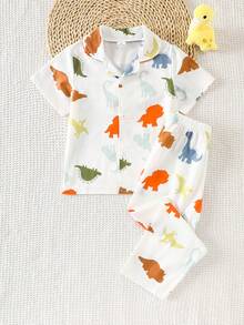 男童睡衣套装 - 两件套睡衣，短袖纽扣领上衣，长裤，恐龙印花，白色底，橙色、蓝色、绿色，可爱俏皮的夏季睡衣，弹性腰带，方便穿脱，2026年假日必备 - 白色 - 查看 1