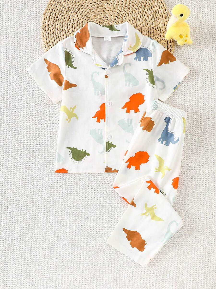 男童睡衣套装 - 两件套睡衣，短袖纽扣领上衣，长裤，恐龙印花，白色底，橙色、蓝色、绿色，可爱俏皮的夏季睡衣，弹性腰带，方便穿脱，2026年假日必备 - 白色 - 查看 1