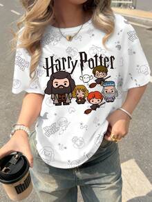 HARRY POTTER X SHEIN 女士休闲可爱卡通字母图案短袖T恤，夏季 - 白色 - 查看 5