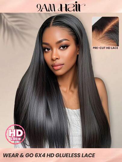TrueHD 9AM HAIR STORE Wear & Go 6*4 HD Lace Glueless Pre Plucked Natural Hairline Straight 180% 30 Inch Lace Closure Wigs Hair Accessory Natural Black Free Shipping Glueless Frontal Wigs Weaves Human Hair Vacation Essentials Valentine's Day Human Hair Lace Wig Natural Glueless Wig For Romantic Date For Women