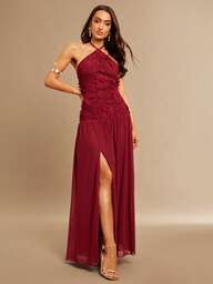 Silquee שמלת נשים ללא שרוולים עם טלאים מרשת, שסע גבוה, מתאימה למסיבה, חופשה, אירועים, חתונה, יציאה לילית, דייט רומנטי, אביב/קיץ