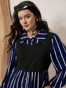 SHEIN LUNE 大码条纹拼接翻领长袖休闲衬衫 假日条纹上衣 女士优雅上衣 女士西部风上衣 女士衬衫 女士上衣 - 彩色 - 查看 5