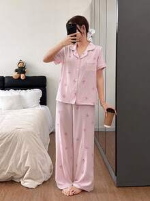 Dream Adore Pink Striped Bow Print Lapel Short Sleeve Women Pajama Set