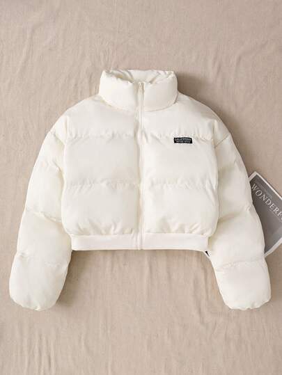 SHEIN Oversized Stand Collar Short Style Velvet Lined Winter Coat, Casual Street Style, Versatile For Various Occasions, Suitable For Teen Girls Puffer Jacket White Jacket Crop Jacket Young Girl Jacket