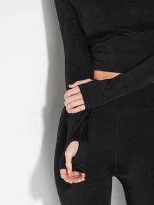 KIZN High Shine Long Sleeve Cropped Active Top For Sports Training Workouts - Black - View 5