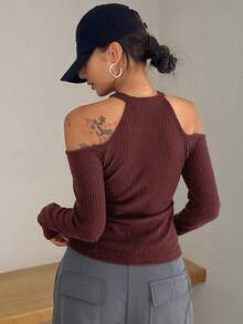 DAZY 女士秋季简约纯色露肩修身长袖T恤 - 酒紅色 - 查看 5