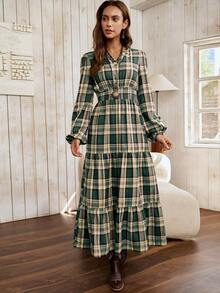 LanaWest 女士格子图案可追踪面料圆领小褶皱收腰娃娃裙，裙摆设计休闲波西米亚西部乡村风格，百搭长袖中长连衣裙 - 綠色 - 查看 5