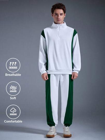  DRIFTMERE 男士撞色休闲日常拉链半开襟卫衣和运动裤两件套，春夏运动套装