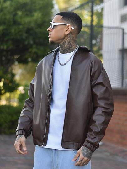 Devon Thys Chaqueta casual de hombre de unicolor de piel sintética, otoño/invierno