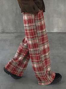 FRIFUL Women's Plaid Brushed Drawstring Waist Straight Leg Casual Pants, Versatile - Red - View 3
