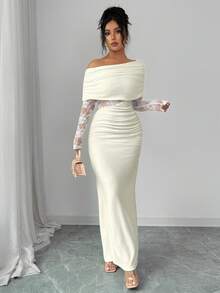 Rafferiza Women's Sexy & Elegant Asymmetric Neck Ruched Lace Patchwork Long Sleeve White Dress - Apricot - View 3