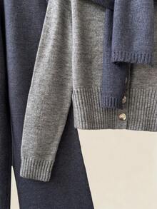 Franclia 女士时尚撞色针织两件套，简约通勤斗篷二合一圆领插肩长袖撞色修身开衫和休闲弹力腰宽松针织裤，海军蓝