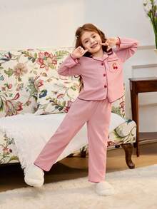 2pcs Young Girl Simple Cute Coral Pink Cherry Embroidered Long Pants And Loose Fit Long Sleeve Homewear Set - Coral Pink - View 2