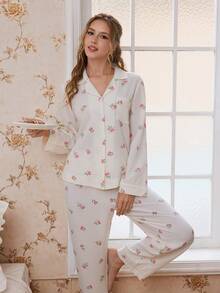 Bộ đồ ngủ dài tay cổ bèo nhún in hoa dành cho nữ - Nhiều màu - Xem 4