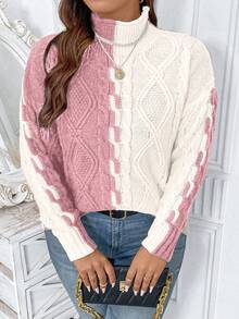 EMERY ROSE Plus Size Colorblock Stand Collar Sweater, Casual For Autumn/Winter - Pink - View 5