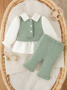 SHEIN Bộ 2 món/Bộ trang phục thường ngày cho bé gái sơ sinh, áo dài tay cổ bẻ phối màu và quần len rộng rãi - màu xanh lá - Xem 2