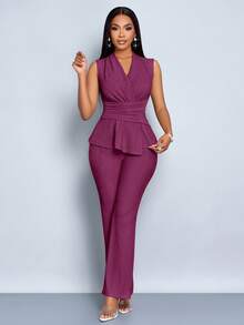 SOLERSUN Elegant Workwear Waist-Cinching Suit - Purple - View 4
