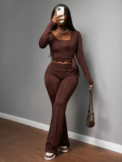 Slaydiva 2025 New Autumn And Winter Base Casual Basic Student Wear Home Comfortable Soft Sports Running Yoga Warm Ballet Girl Style Halter Vest + Long Sleeve Bandage Top + Flared Pants Women's Trousers Three-Piece Set-B