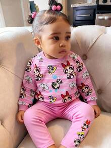 THE POWERPUFF GIRLS X SHEIN 2pcs Baby Girl Cartoon Print Striped Round Neck Drop Shoulder Sweatshirt & Leggings Casual Knit Outfit Set Powerpuff Girls Set - Multicolor - View 1