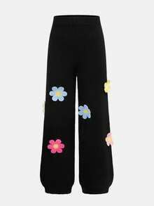 SHEIN 青少年女孩休闲日常黑色钩针装饰圆领长袖修身毛衣和钩针装饰裤子套装 - 黑色 - 查看 5