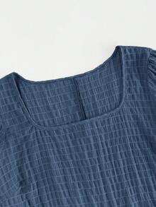 SHEIN VCAY Plus Size Women's Summer Square Neck Short Puff Sleeve Casual Shirt - Blue - View 4