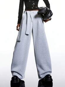 LYSMO 2025新款极简主义女士休闲加厚面料系带阔腿运动裤，秋冬季女士圣诞节新年感恩节时尚百搭系列 - 淺灰色 - 查看 6