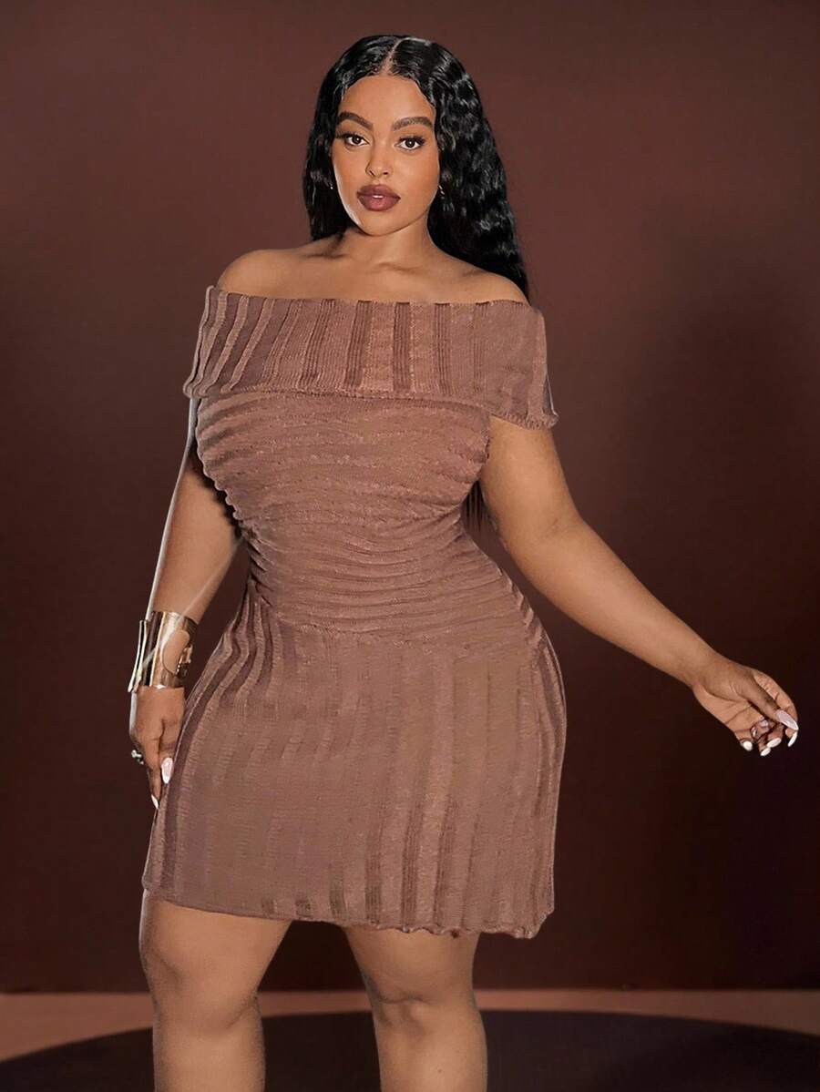 Veslaya 2025 秋冬新款休闲通勤优雅浪漫派对日常聚会办公室装，Office Siren，Easywear 优雅通勤连衣裙，手工纹理针织纯棕色露肩短款修身连衣裙，适合大码女士 - 棕色 - 查看 1