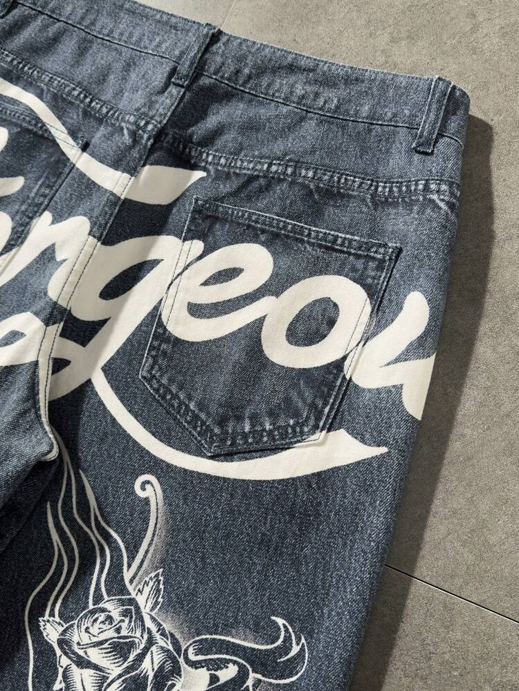 ROMWE MEN Anime Men's Letter & Skull Graphic Wide Leg Casual Jeans - Blue - View 7