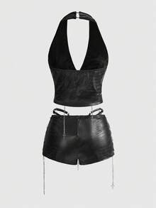 ROMWE Grunge Punk Spring/Summer Carnival Party Black 2pcs Women's Retro Gyaru Biker PU Halter Crop Top & Super Low-Rise Mini Bodycon Shorts Set - Black - View 2
