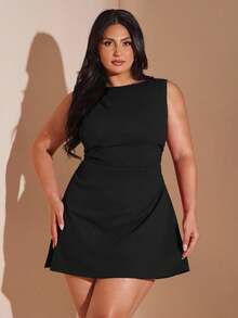 SHEIN BAE Váy ngắn xếp nếp màu đỏ cỡ lớn dành cho nữ, Váy đi biển thanh lịch cho mùa xuân/hè - màu đen - Xem 5