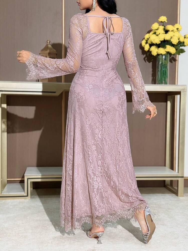 Feyla Women's Elegant Party Solid Color Lace Dress - Pink - View 3