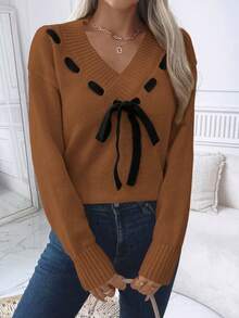 EMERY ROSE Áo len trễ vai buộc dây thường ngày cho nữ, Thu/Đông - Đỏ - Xem 5