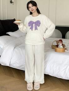 少女睡衣，1 套，毛绒面料蝴蝶图案半开襟宽松睡衣，冬季休闲家居服 - 紫色 - 查看 6