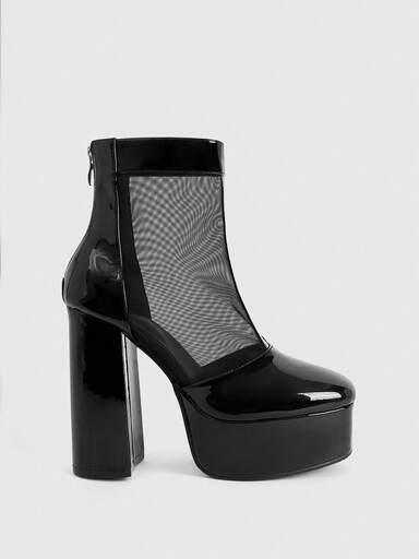 CUCCOO LuxiPop Damen Ankle Boots mit dicker Sohle, Mesh-Patchwork, glänzendem Reißverschluss-Design und hohem Absatz