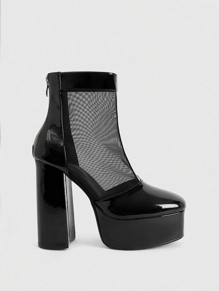 CUCCOO LuxiPop Women's Thick-Soled Splicing Mesh Yarn Fashionable Rear Zipper Design Glossy High-Heeled Short Boots
