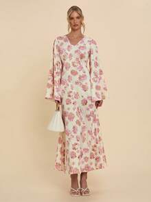 COSMINA Đầm dài nữ thanh lịch in hoa, cổ chữ V, tay cánh dơi, eo thon, thích hợp cho các kỳ nghỉ, hẹn hò, tụ họp, đầm kimono, đầm dài tay, đầm in hoa, đầm dài nữ, đầm quấn. - Nhiều màu - Xem 2