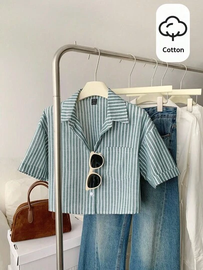 Elamini 条纹短款宽松休闲女式超大袖口衬衫，亚麻质地女式衬衫