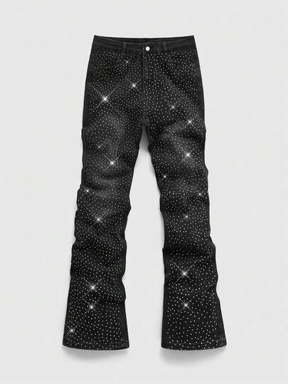 Street Life جينز واسع مزين بالراين ستون للرجال للتنقل اليومي