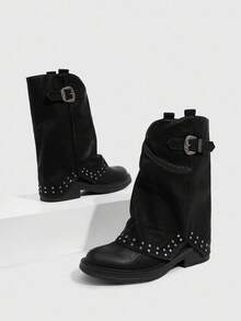 Daringsoles 时尚百搭休闲复古扣环中筒靴 - 黑色 - 查看 2