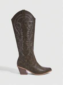 Daringsoles Giày bốt cao gót mũi nhọn kiểu Tây cho nữ, giày bốt cưỡi ngựa cao đến đầu gối thêu da lộn cho mùa thu/đông - Xám - Xem 6