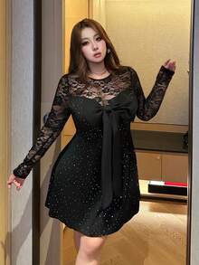 Vibekara 大码女式性感甜美紧身网纱蕾丝亮片拼接连衣裙 - 黑色 - 查看 7