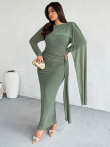 Firerie Váy dài tay nhún bèo thanh lịch dành cho nữ, váy dự tiệc/hẹn hò lãng mạn, màu xám xanh lá cây - màu xanh lá - Xem 6