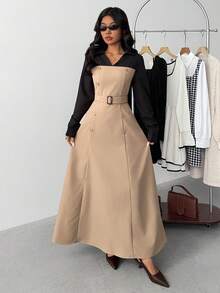 SHEIN Đầm ôm eo tay dài cổ bẻ màu tương phản họa tiết chắp vá thanh lịch cho bé gái tuổi teen - Nhiều màu - Xem 5