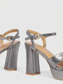 CUCCOO SZL 女士时尚优雅通勤银色防水厚底高跟凉鞋 - 淺灰色 - 查看 4