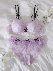 DelicateAllure Set de 2 sujetadores con aros y relleno, push up, con bloqueo de color, parches de encaje, volantes, encaje floral, lindo y fresco conjunto de lencería cómoda tipo balconette para mujeres - Púrpura malva - Ver 11